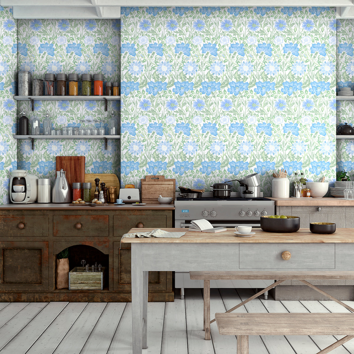 1090 - Iris & Chrysanthemum Wallpaper - Sky-Green by Morris Collections