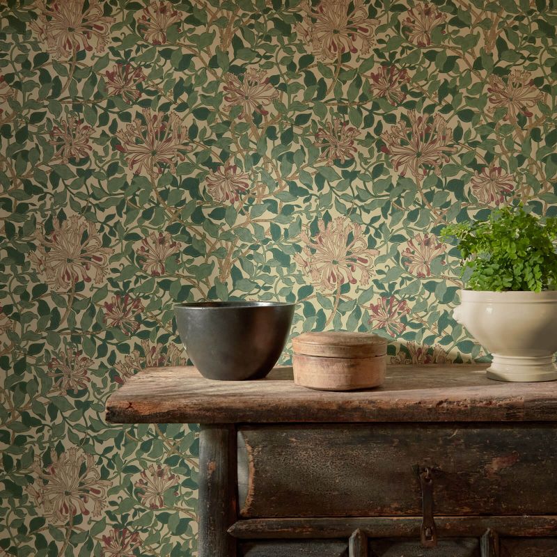 Honeysuckle Wallpaper - Green/Coral/Pink - DMC1HS102 - Morris & Co - Premier Wallcovering