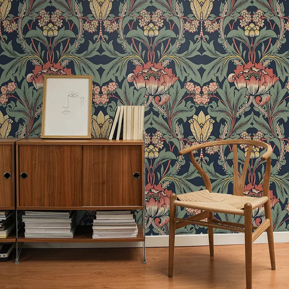 Primrose Floral Wallpaper - Navy Blue - NextWall - NW44402 - Morris Wallpaper