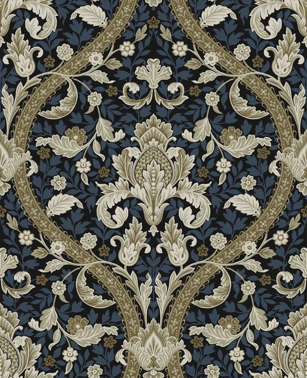 Acanthus Ogee Wallpaper - Blue & Natural - NextWall - NW59002 - Morris Wallpaper