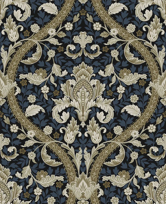 Acanthus Ogee Wallpaper - Blue & Natural - NextWall - NW59002 - Morris Wallpaper