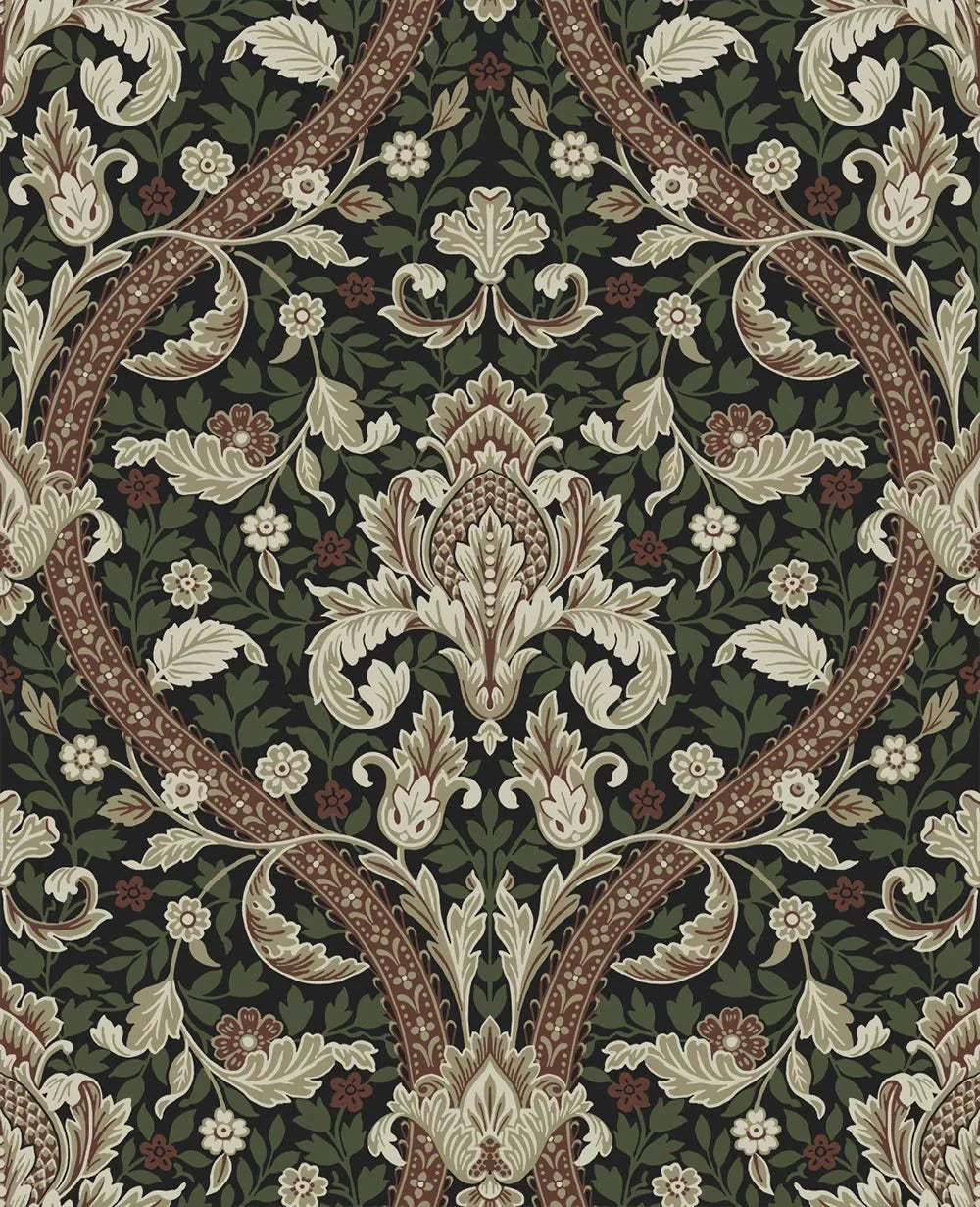 Acanthus Ogee Wallpaper - Ebony & Clay - NextWall - NW59001 - Morris Wallpaper