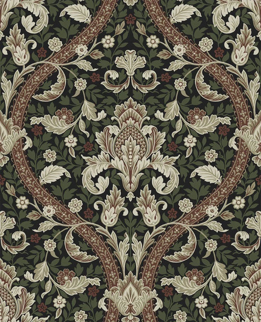 Acanthus Ogee Wallpaper - Ebony & Clay - NextWall - NW59001 - Morris Wallpaper