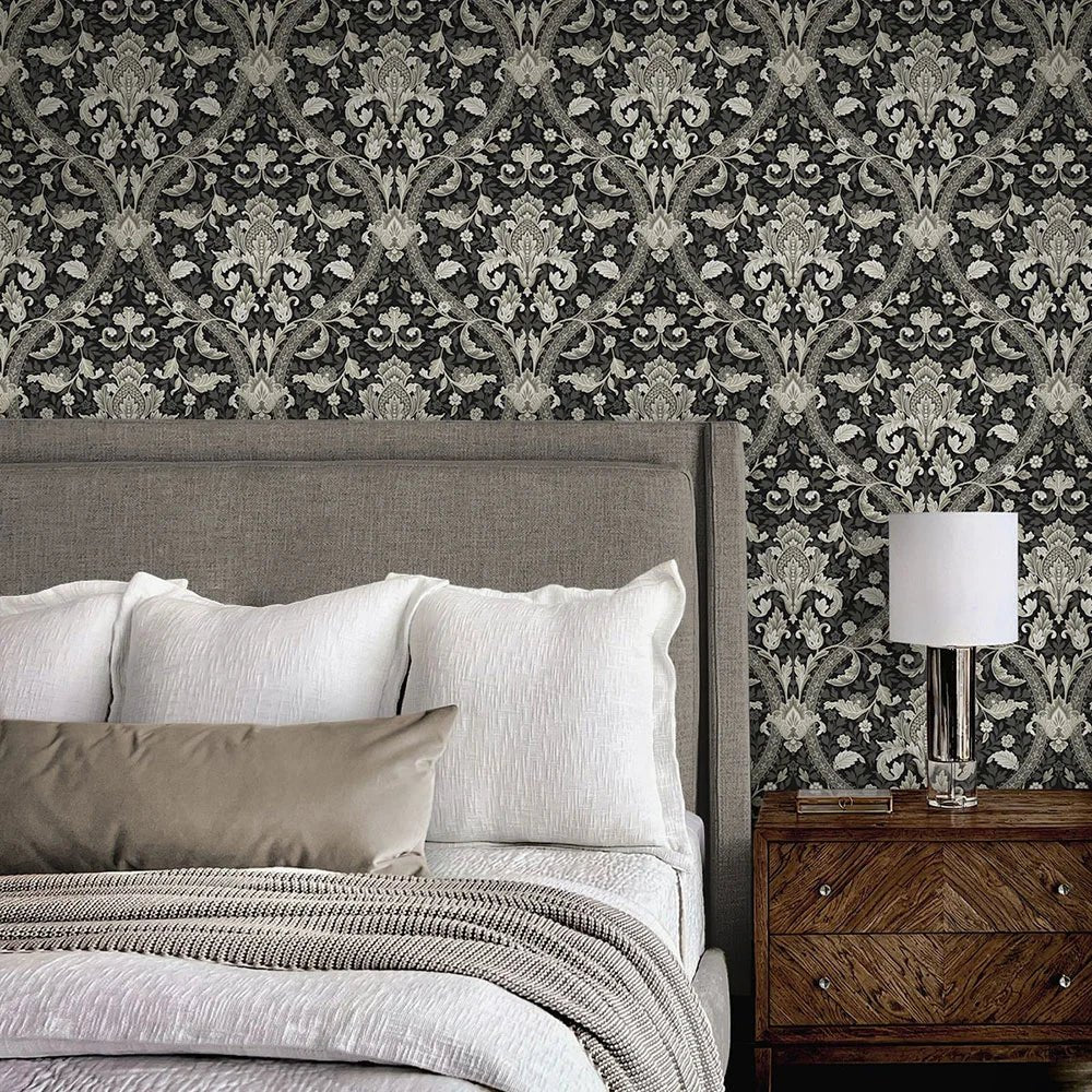 Acanthus Ogee Wallpaper - Ebony & Cliffside - NextWall - NW59000 - Morris Wallpaper
