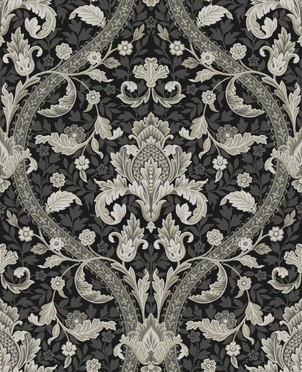Acanthus Ogee Wallpaper - Ebony & Cliffside - NextWall - NW59000 - Morris Wallpaper