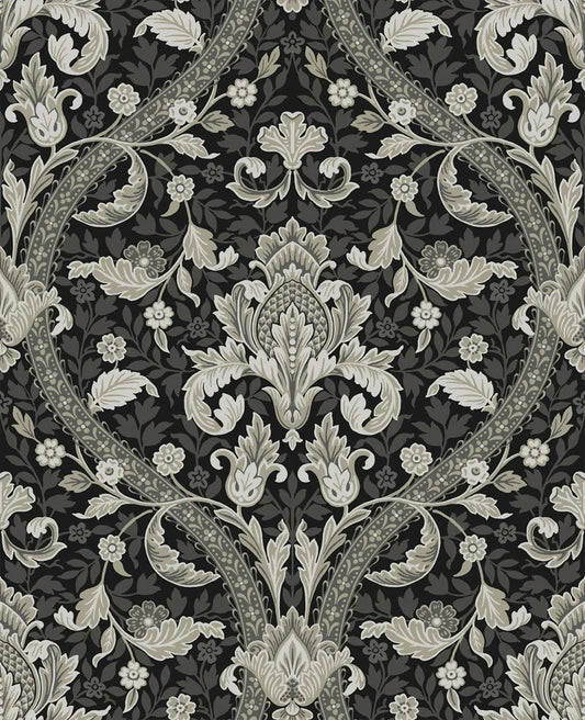 Acanthus Ogee Wallpaper - Ebony & Cliffside - NextWall - NW59000 - Morris Wallpaper