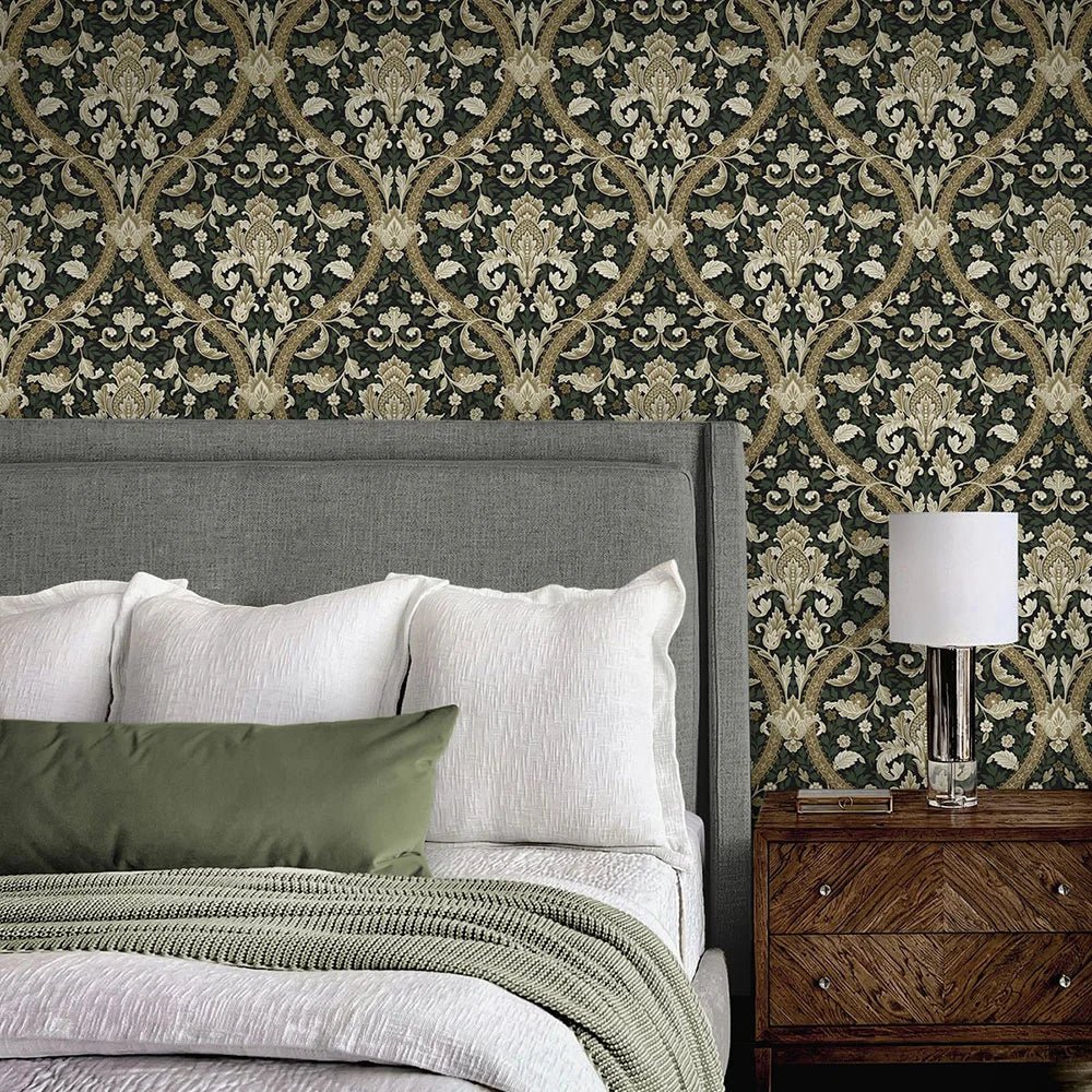 Acanthus Ogee Wallpaper - Ebony & Green - NextWall - NW59004 - Morris Wallpaper
