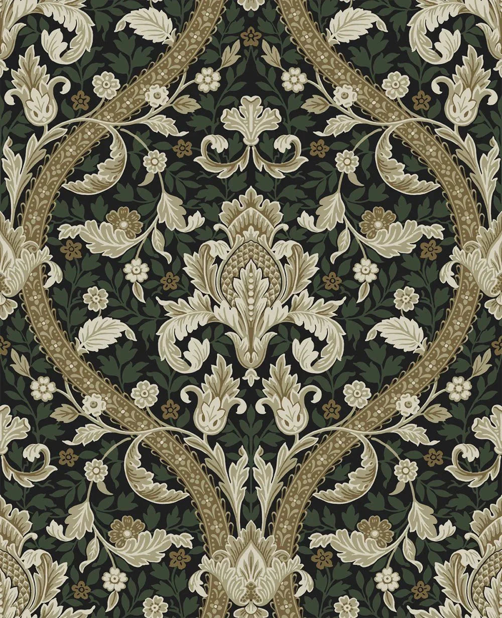 Acanthus Ogee Wallpaper - Ebony & Green - NextWall - NW59004 - Morris Wallpaper