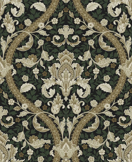 Acanthus Ogee Wallpaper - Ebony & Green - NextWall - NW59004 - Morris Wallpaper
