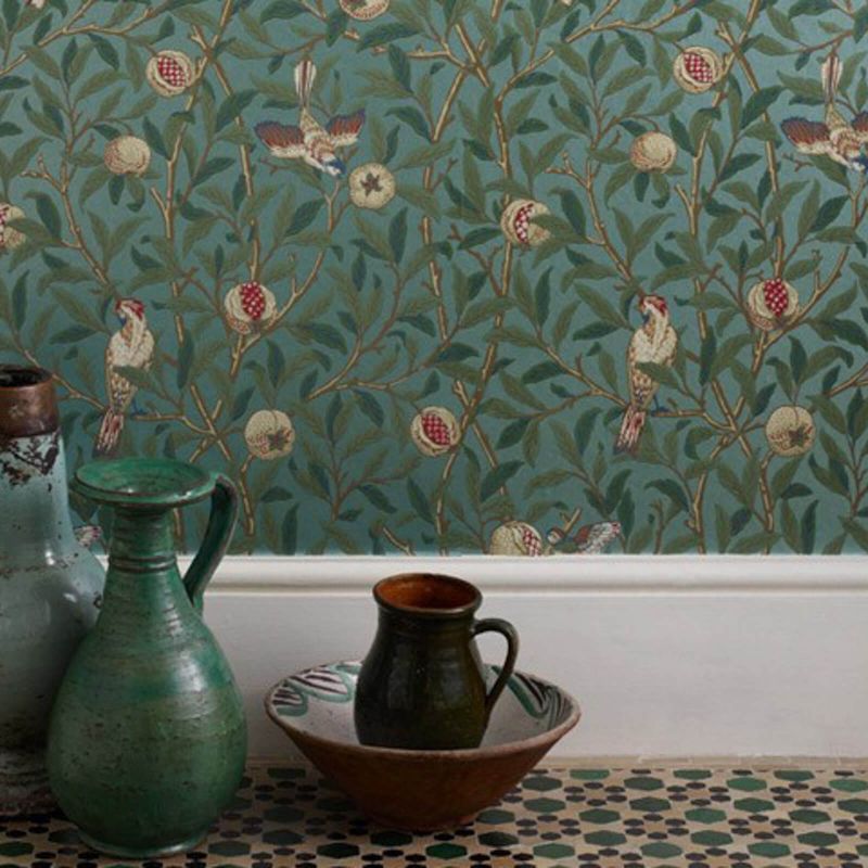 Bird & Pomegranate Wallpaper - Charcoal/Sage - 212537 - Morris & Co - Premier Wallcovering