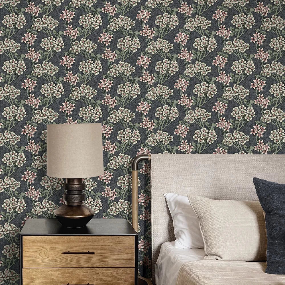 Floral Vine Wallpaper - Smoke & Laurel Green - NextWall - NW56110 - Morris Wallpaper