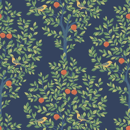 Fruit Tree Wallpaper - Navy Blue - NextWall - NW48102 - Morris Wallpaper