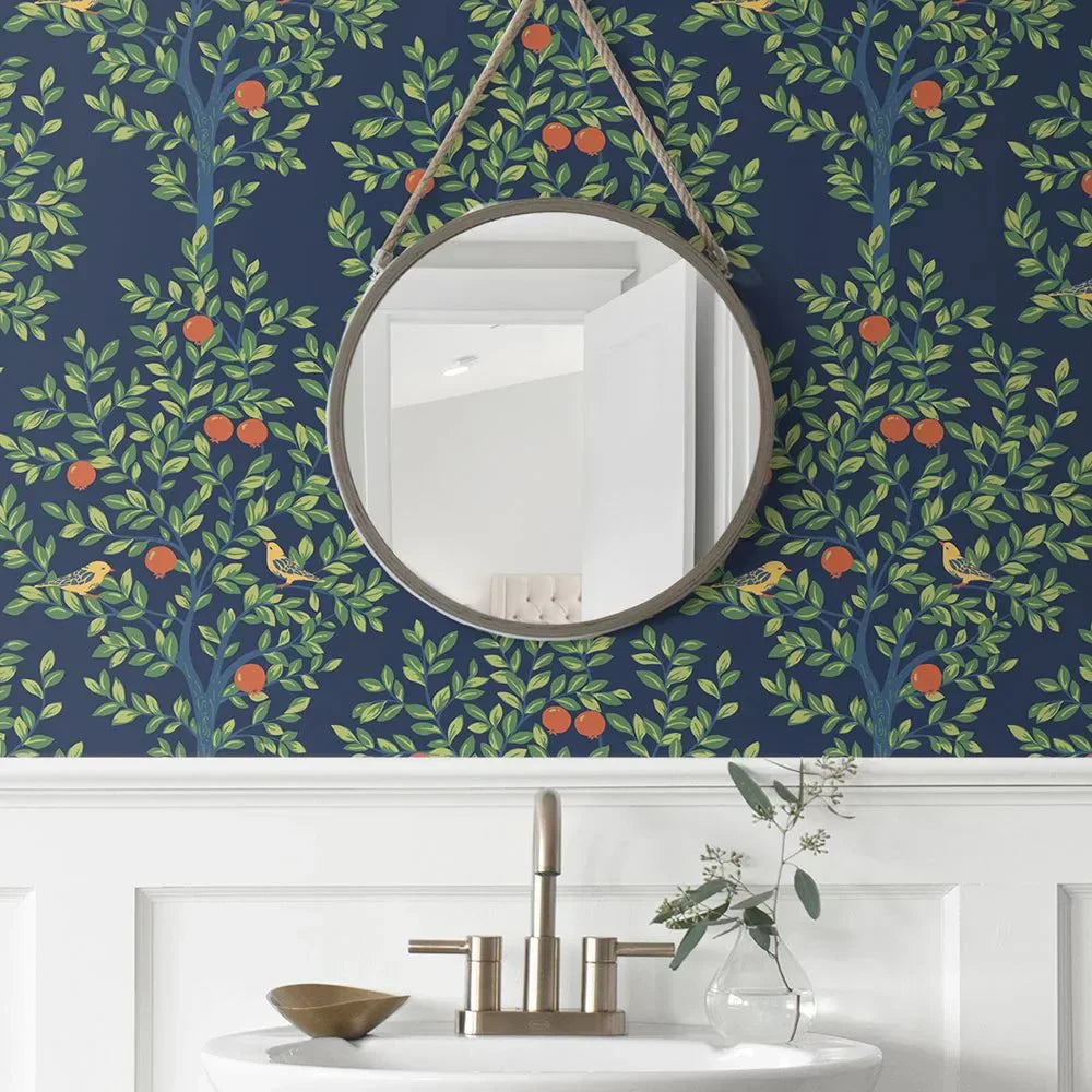 Fruit Tree Wallpaper - Navy Blue - NextWall - NW48102 - Morris Wallpaper