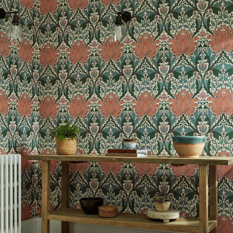 Helena Wallpaper - Peach/Teal - 217361 - Morris & Co - Premier Wallcovering