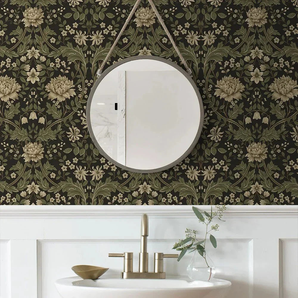 Honeysuckle Trail Wallpaper - Brown & Sage - NextWall - NW44606 - Morris Wallpaper