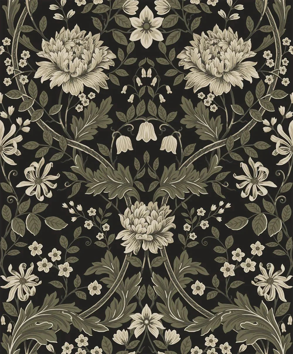 Honeysuckle Trail Wallpaper - Ebony & Pavestone - NextWall - NW44610 - Morris Wallpaper
