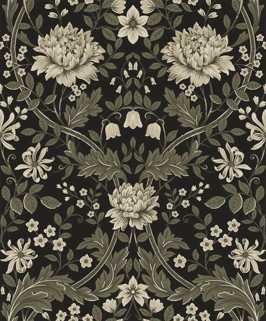 Honeysuckle Trail Wallpaper - Ebony & Pavestone - NextWall - NW44610 - Morris Wallpaper