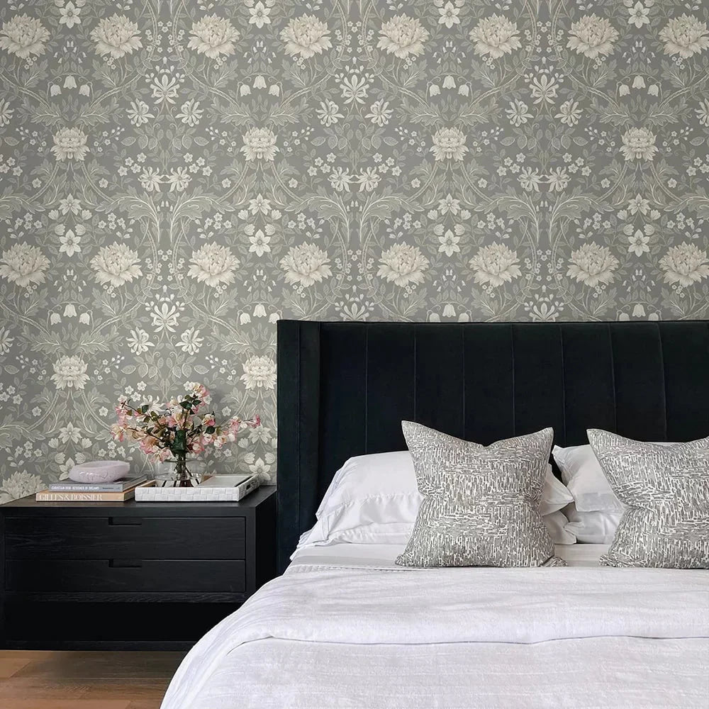 Honeysuckle Trail Wallpaper - Grey - NextWall - NW44608 - Morris Wallpaper