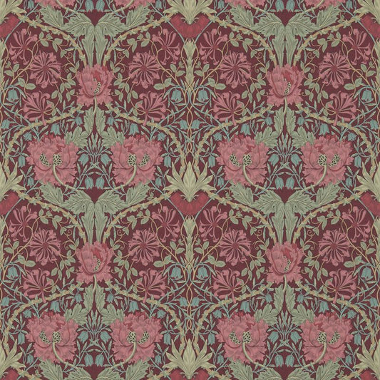 Honeysuckle & Tulip Wallpaper - Burgundy/Sage - 214703 - Morris & Co - Premier Wallcovering