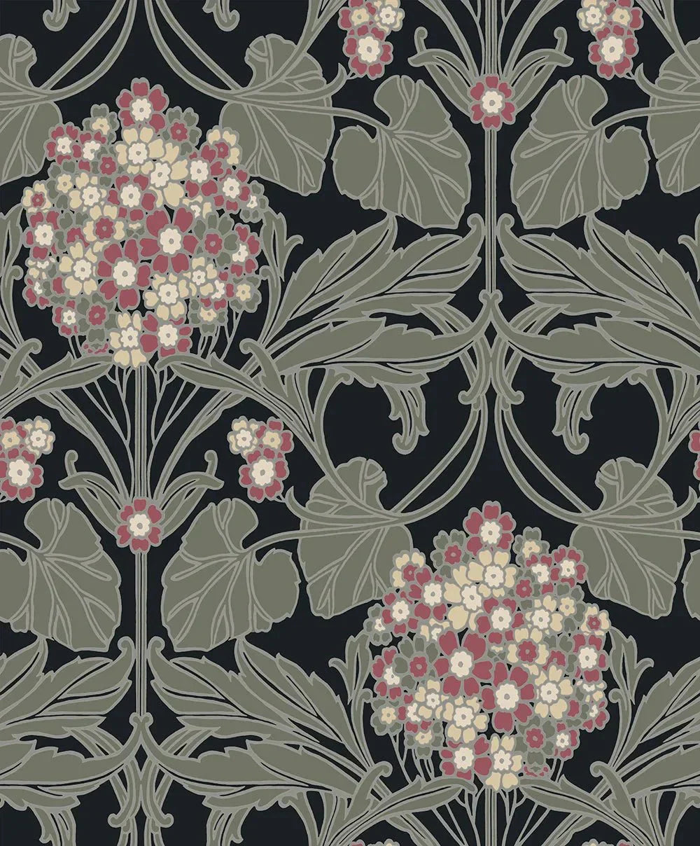 Hydrangea Floral Wallpaper - Black & Rosewood - NextWall - NW60410 - Morris Wallpaper