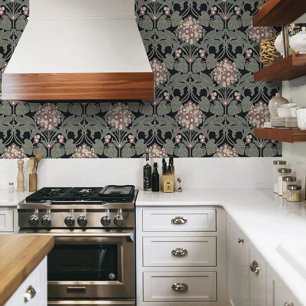 Hydrangea Floral Wallpaper - Black & Rosewood - NextWall - NW60410 - Morris Wallpaper