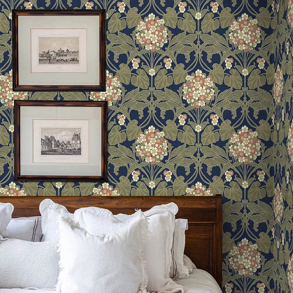 Hydrangea Floral Wallpaper - Dark Blue & Terracotta - NextWall - NW60402 - Morris Wallpaper