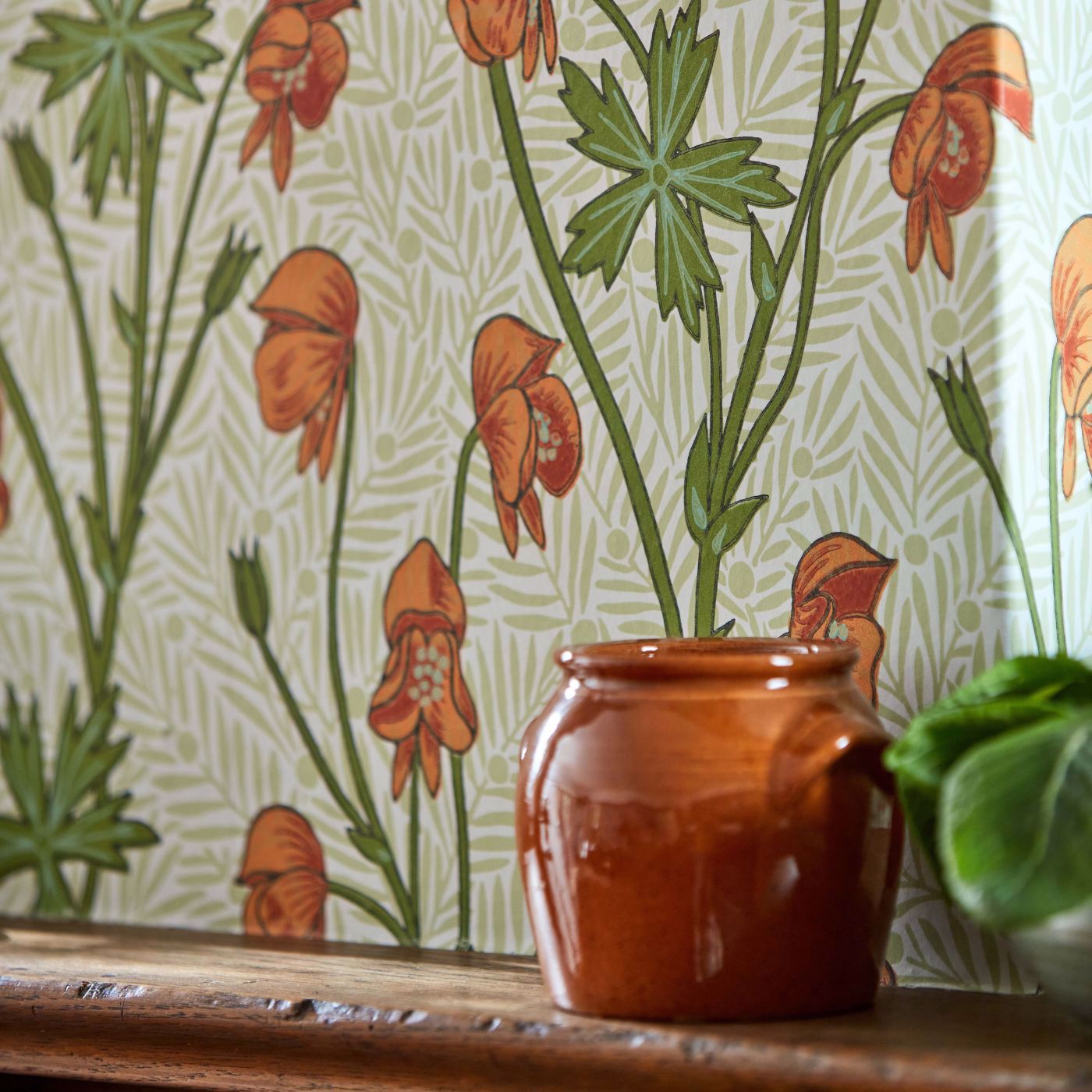Monkshood Wallpaper - Tangerine/Sage - 217345 - Morris & Co - Premier Wallcovering