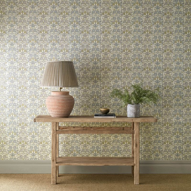 Oak & Blossom Wallpaper - Mineral Blue/Linen - Morris & Co - 217591 - Premier Wallcovering