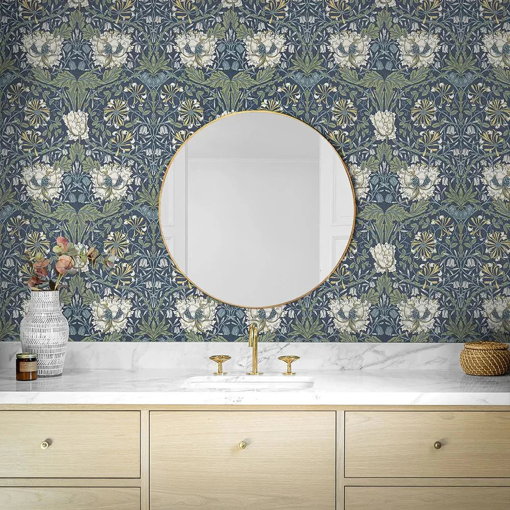 Ogee Flora Wallpaper - Navy Blue - NextWall - NW48202 - Morris Wallpaper