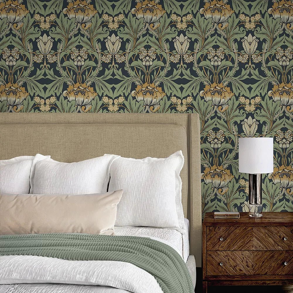 Primrose Floral Wallpaper - Midnight Blue & Goldenrod - NextWall - NW44404 - Morris Wallpaper
