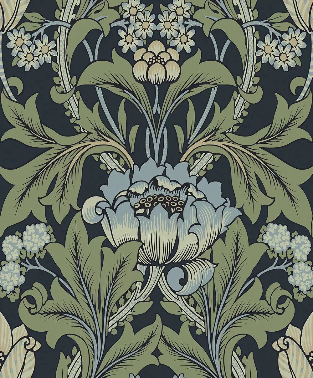 Primrose Floral Wallpaper - Midnight Blue & Sage - NextWall - NW44412 - Morris Wallpaper
