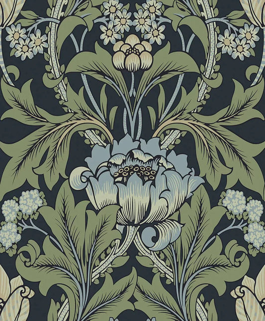 Primrose Floral Wallpaper - Midnight Blue & Sage - NextWall - NW44412 - Morris Wallpaper