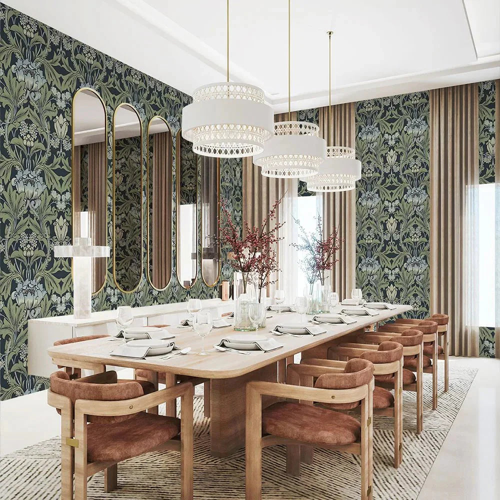 Primrose Floral Wallpaper - Midnight Blue & Sage - NextWall - NW44412 - Morris Wallpaper