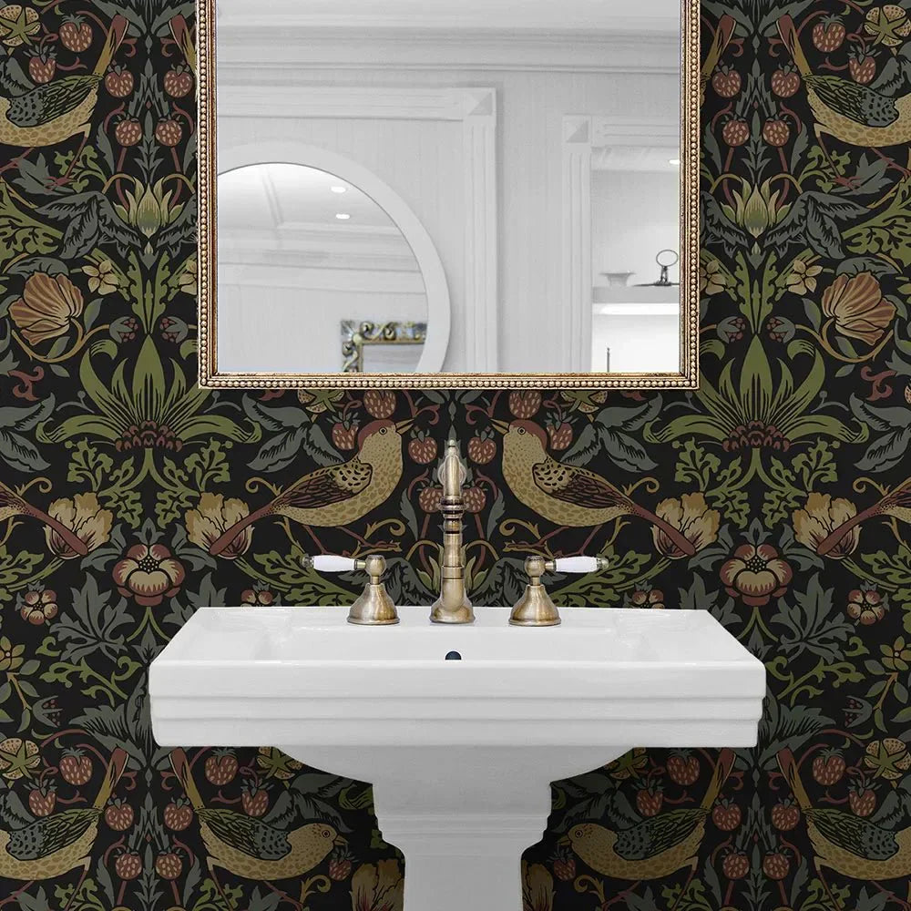 Strawberry Garden Wallpaper - Black - NextWall - NW55401 - Morris Wallpaper