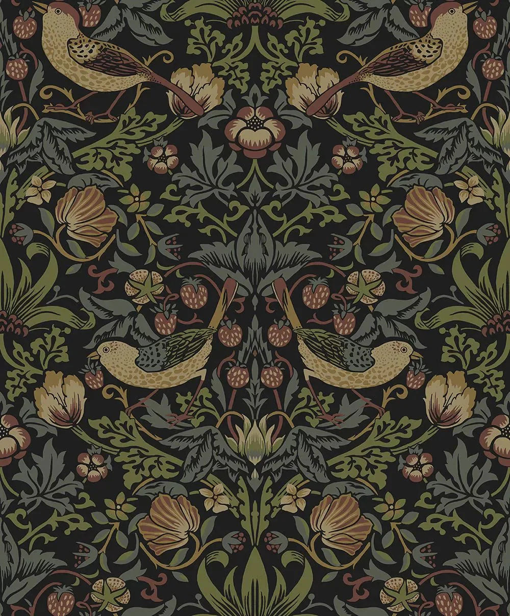 Strawberry Garden Wallpaper - Black - NextWall - NW55401 - Morris Wallpaper