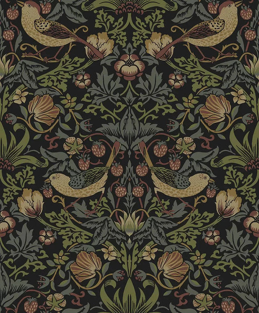 Strawberry Garden Wallpaper - Black - NextWall - NW55401 - Morris Wallpaper