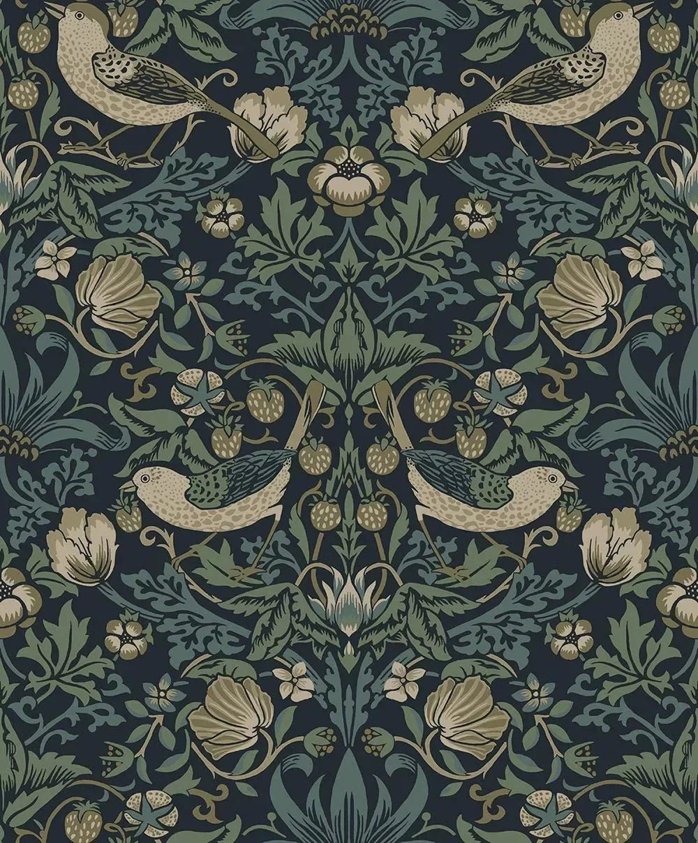 Strawberry Garden Wallpaper - Blue - NextWall - NW55402 - Morris Wallpaper