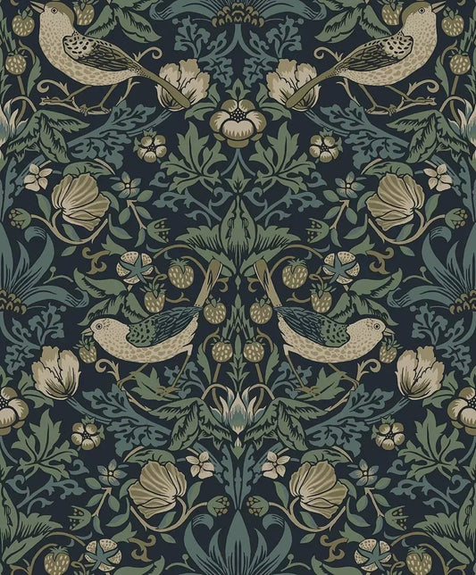 Strawberry Garden Wallpaper - Blue - NextWall - NW55402 - Morris Wallpaper