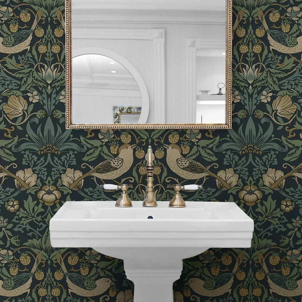 Strawberry Garden Wallpaper - Blue - NextWall - NW55402 - Morris Wallpaper