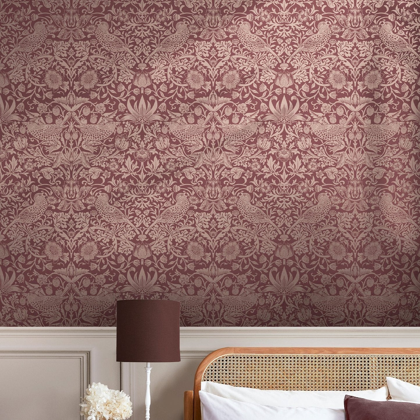 Strawberry Thief Fibrous Wallpaper - Burgundy - 124235 - William Morris AH - Premier Wallcovering