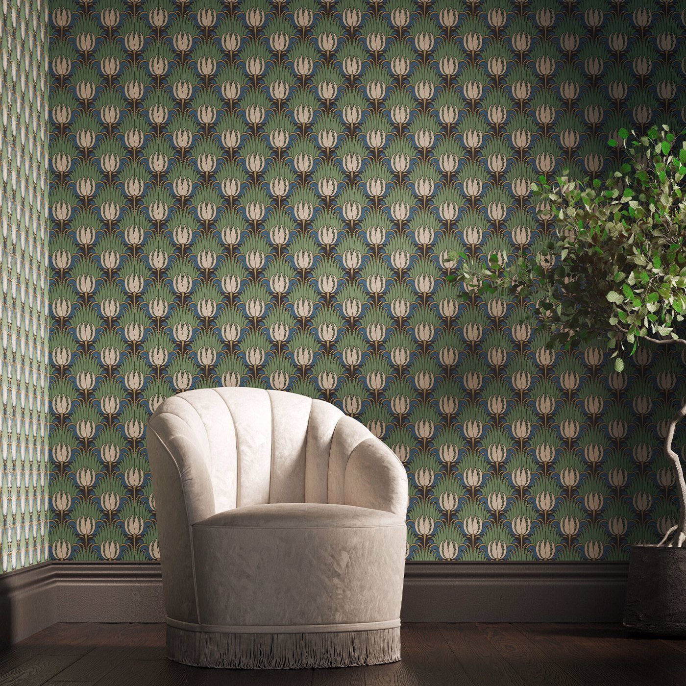 Tulip & Bird Wallpaper - Goblin Green & Raven - 510016 - Morris & Co - Premier Wallcovering